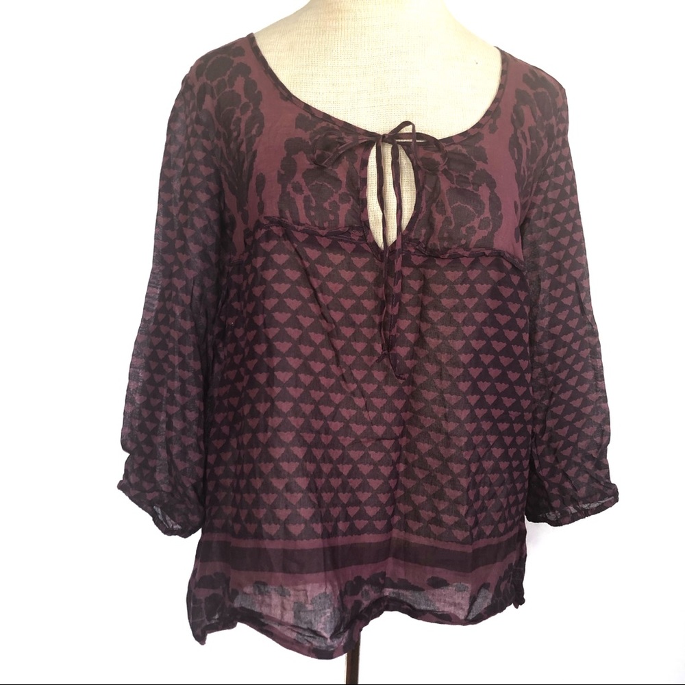 American Eagle Burgundy Ikat Baroque Print Sheer Top Size Small